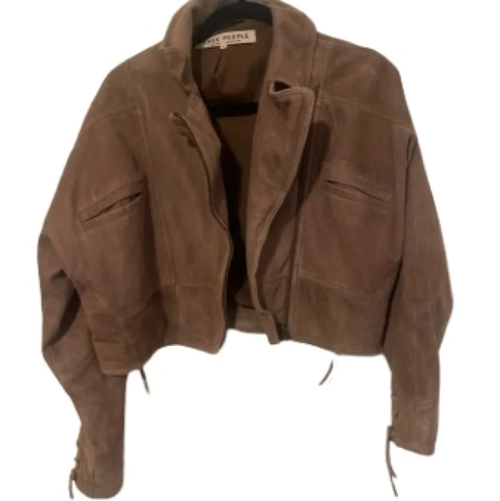 Free People Brown Suede Cropped Leather Jacket with Gray Hooded Liner